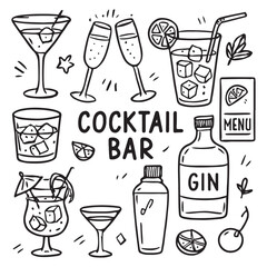 Alcohol cocktail bar doodle set vector