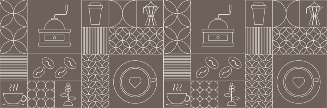 Seamless coffee pattern with line art icons including cups, beans, grinders, to-go mugs, moka pots, and decorative geometric shapes in a modern minimal style