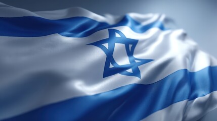 The image shows the flag of Israel waving, featuring a blue Star of David and two horizontal blue stripes on a white background
