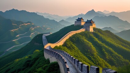 Great Wall of China Scenic View Across Green Mountains at Sunrise"