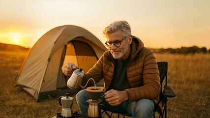 Senior camper brewing pour-over coffee beside a tent at sunrise, cozy morning ritual and travel comfort.