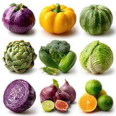 Fresh assorted vegetables and fruits isolated on white