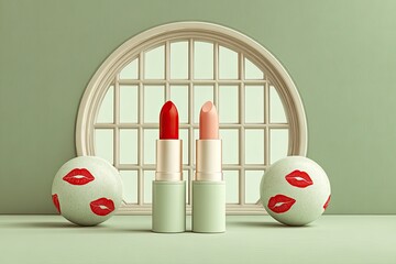 Two lipstick tubes, red and pink, in a minimalist display