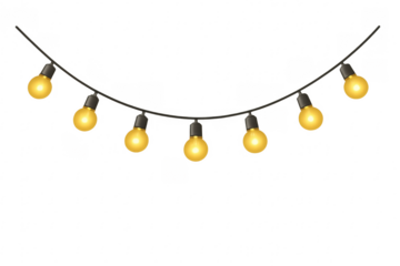 Glowing string lights hanging on transparent background