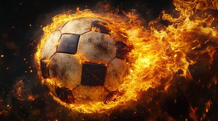 Fototapeta premium A worn black-and-white soccer ball engulfed in roaring flames, streaking through a fiery background conveying speed, impact and intense sports energy.