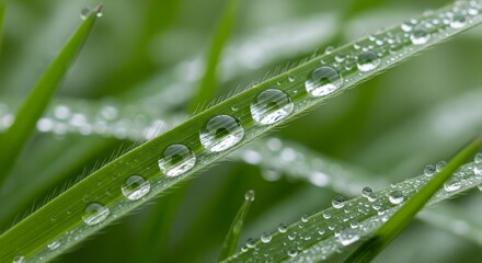 A macro photograph of fresh morning dewdrops on a vibrant green blade of grass. A serene nature background showing purity and freshness.