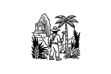 Obraz premium Man in hat standing near ancient temple with palm trees and tropical plants silhouette
