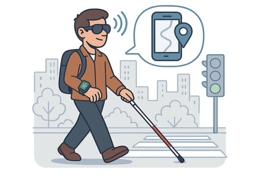 Blind man navigating city with assistive technology. Visually impaired person using GPS phone app and smart watch. Disability and accessibility aid. Safety on urban street crosswalk.