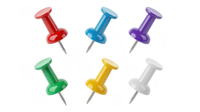 Colorful push pins isolated on transparent background, perfect for office, school, or home use, ideal for bulletin boards and organization