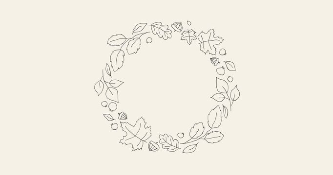 Hand drawn line art animated autumn frame with leaves, berries and acorns. Circle border with empty center for text. Perfect for fall promotions, social media stories and seasonal designs.