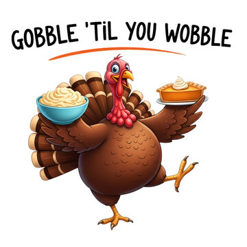 Gobble Til You Wobble Humorous Thanksgiving. Dancing turkey with pie and mashed potatoes.