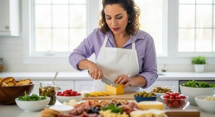 Woman in kitchen cutting cheese for charcuterie board