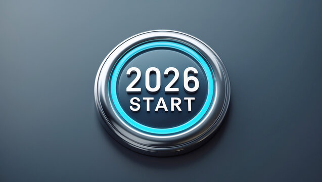 Shiny metallic button labeled 2026 start with glowing blue neon ring on a dark textured surface