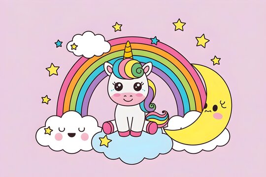Cute cartoon unicorn with rainbow, clouds, moon, and stars on pink background