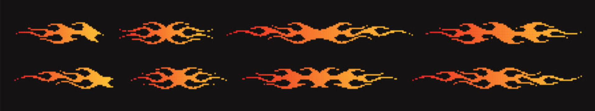 Fire flames pixel collection. Tribal hot rod car decal set. Pixel art.