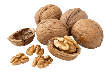 Delicious Walnut Display Whole and Shelled Nuts on White Background, Perfect for Culinary Delights and Healthy Snacking