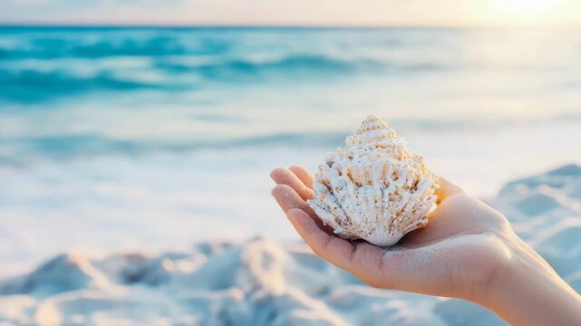 Gentle hand holds beautiful conch shell on sun-kissed sandy beach with serene ocean waters at golden hour