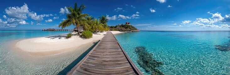 Naklejka premium Tropical island paradise with wooden boardwalk (1)