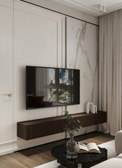 Stylish living room featuring a sleek black TV mounted on a marble wall, combined with elegant neutral-colored furniture and decor accents.