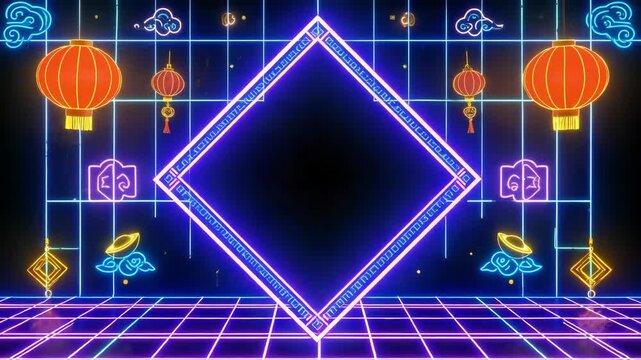 Vibrant neon chinese new year decorations with lanterns and clouds frame an empty space.