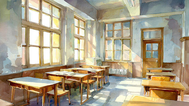 A serene classroom bathed in warm sunlight, showcasing empty desks and a peaceful ambiance.