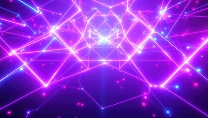 Abstract futuristic tunnel of glowing neon lines and geometric shapes, creating a vibrant digital network. Ideal for technology, gaming, or party event backgrounds.