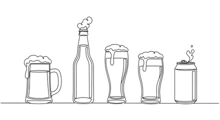 Beer glasses, bottle and can drawn with one continuous line on white background