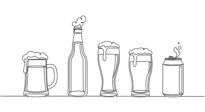 Beer glasses, bottle and can drawn with one continuous line on white background
