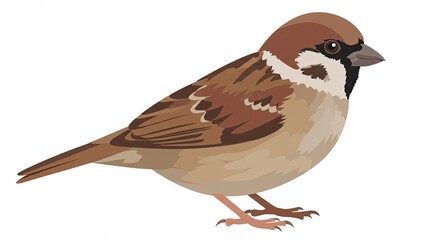 Fototapeta premium Brown Sparrow Standing Against White Background, Isolated Bird Illustration