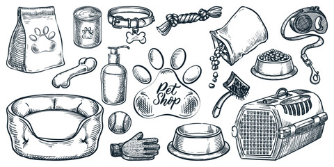 Pet shop vector sketch illustration. Design elements for veterinary clinic, pet store, packaging, poster, banner