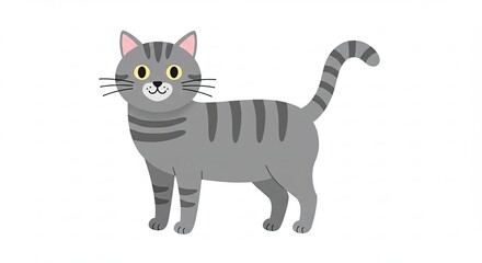 Fototapeta premium Gray Striped Cat Standing on White Background with Flat Style