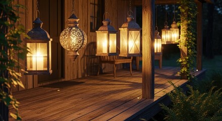 Illuminated lanterns hanging on porch creates a warm outdoor ambiance in the evening