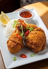 Crispy fried chicken drumsticks with rice and sauce