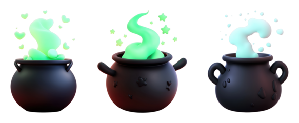 Colorful magical cauldrons with mystical smoke effects