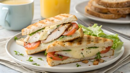 Classic Chicken And Cheese Breakfast Focaccia Sandwich, A Hearty Morning Meal With Crispy Chicken, Melted Cheese, And Soft Herb-Infused Bread For A Savory Gourmet Start To The Day