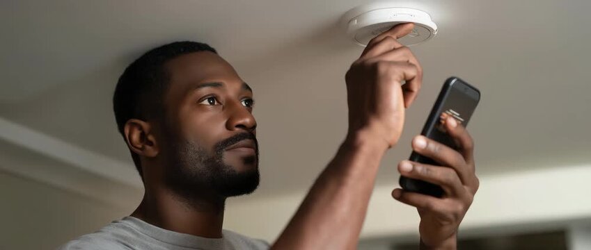 A man installing a smoke detector while receiving instructions on a smartphone - Powered by Adobe