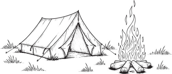 Hand-drawn black and white line art of a classic camping scene with canvas tent, campfire, grass, and minimalist outdoor adventure