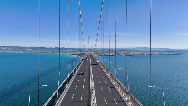 Stunning Drone Footage Inside the Magnificent Osman Gazi Bridge with Flowing Traffic &ndash; 4K Aerial View
