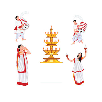 Durga Puja Celebration Vector &ndash; Dhak Player, Dhanuchi Dance, Festival Lamp and Sindoor Khela...