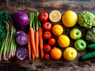 
colorful flat lay of fresh fruits and vegetables on a rustic wooden table, overhead view, vibrant natural colors, clean eating, ultra-realistic