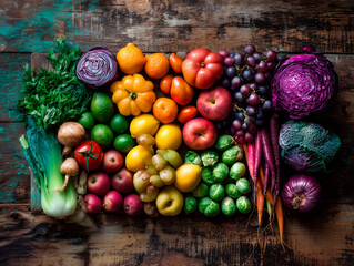 
colorful flat lay of fresh fruits and vegetables on a rustic wooden table, overhead view, vibrant natural colors, clean eating, ultra-realistic