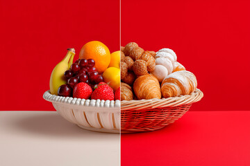 
contrasted image: left side healthy fruit bowl, right side sugary pastries, white and red background split, good vs bad food concept

