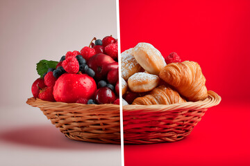 
contrasted image: left side healthy fruit bowl, right side sugary pastries, white and red background split, good vs bad food concept

