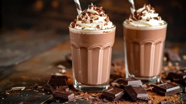 Chocolate milkshake with whipped cream and chocolate shavings