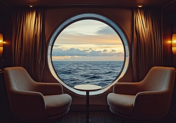 Fototapeta premium Photo of the view from inside an ocean liner's balcony