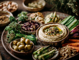 
healthy vegan platter with hummus, raw vegetables, nuts, and seeds, rustic ceramic plates, natural tones, soft lighting

