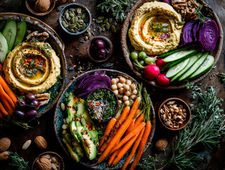 
healthy vegan platter with hummus, raw vegetables, nuts, and seeds, rustic ceramic plates, natural tones, soft lighting

