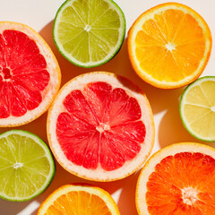 
juicy citrus fruits cut in half, arranged on a clean white surface, bright overhead light, vitamin-rich composition

