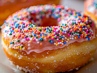 
macro shot of a deep-fried donut covered in sprinkles and glaze, sugar overload, glossy finish, dramatic close-up