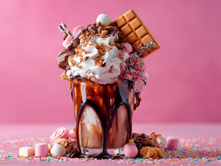 
overloaded milkshake with whipped cream, chocolate syrup, candy toppings, extreme indulgence, styled for social media

